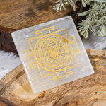3-Inch Gold Square Selenite Plate with Shree Yantra Engraving – Energy & Prosperity Tool