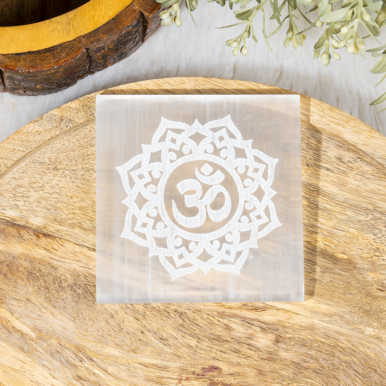 3-Inch Square Selenite Plate with Om Symbol – Crystal Charging & Cleansing