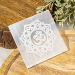 3-Inch Square Selenite Plate with Om Symbol – Crystal Charging & Cleansing