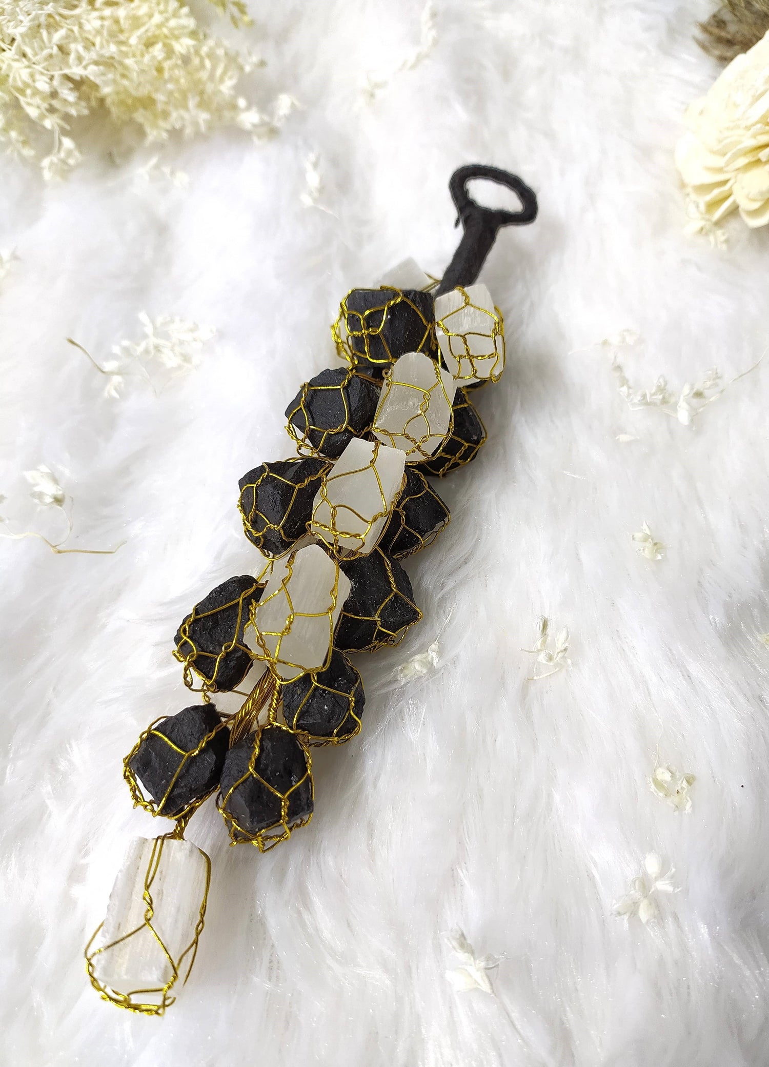 Raw Selenite with Black Tourmaline Hanger for Car and Home Decor