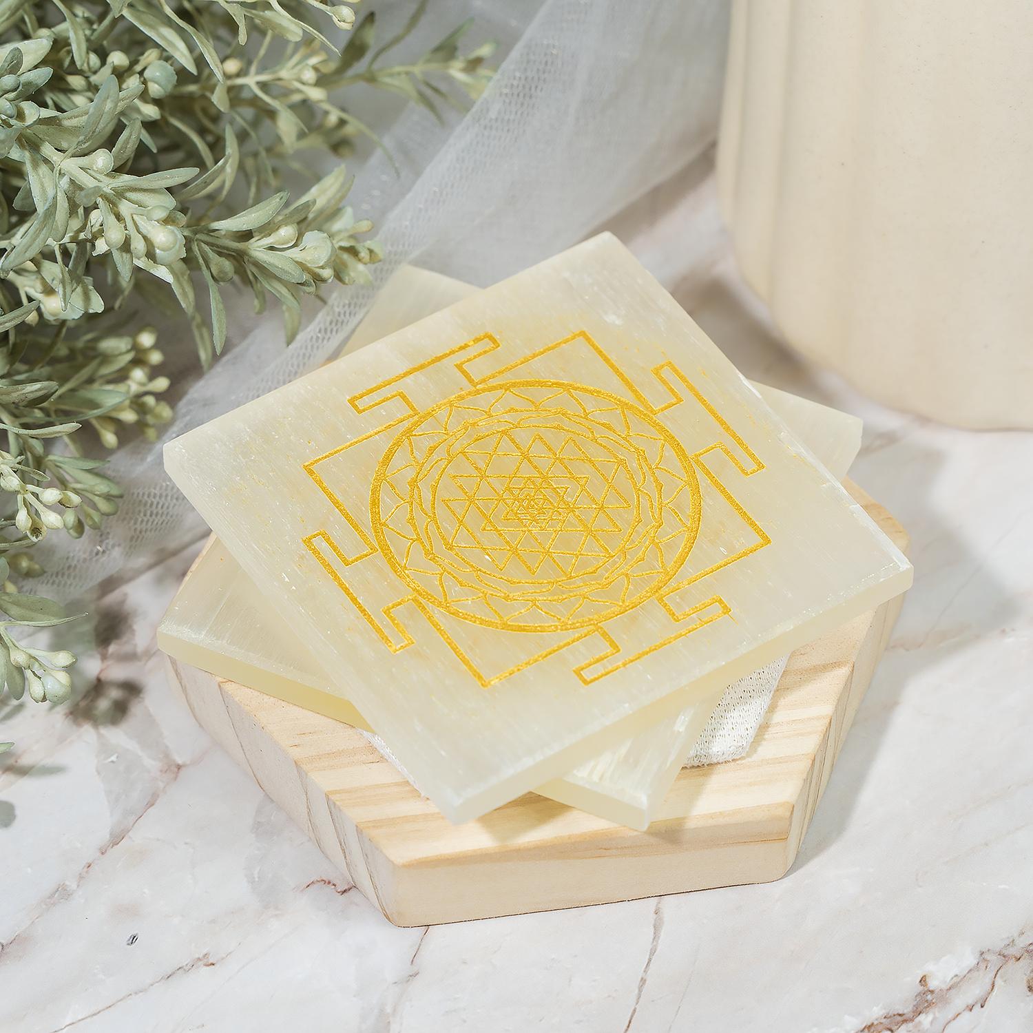 3-Inch Gold Square Selenite Plate with Shree Yantra Engraving – Energy & Prosperity Tool