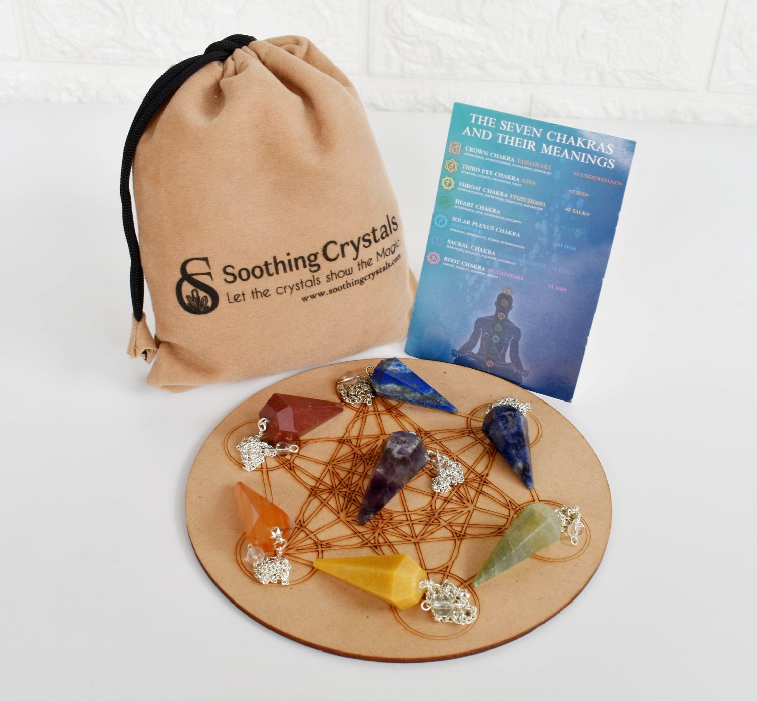 Chakra Crystals Pendulum Set, 7 Chakra Stones Pendulum with Wooden Grid Plate, Selenite Log