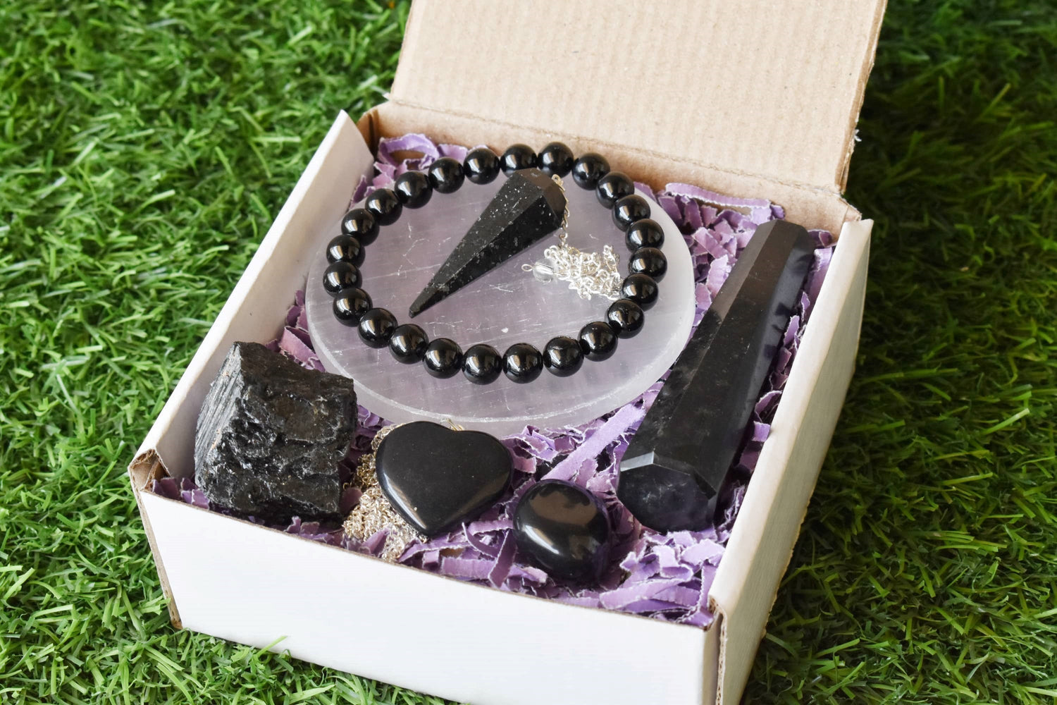 Black Tourmaline Crystal Gift Set, Real Polished Gemstones.